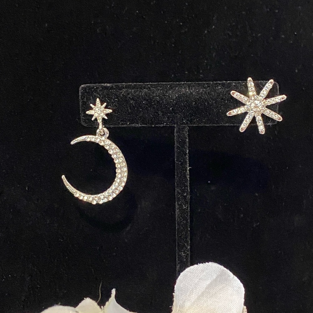 Sterling Silver Star & Crescent Earrings with paved rhinestones.  New